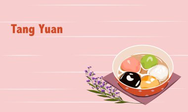  Pembe arka planda çiçekli glutinous pirinç topları, gerçekçi el çizimi çizimleri. 