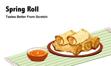 Yumurta rulosu seti, kızarmış yumurta rulosu ve plato üzerinde metin ve beyaz arkaplan ile az pişmiş el çizimi gerçekçi vektör çizimi. 