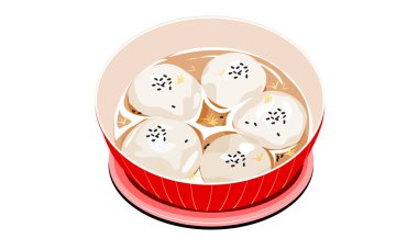 Yapışkan pirinç topları ya da susamlı tang yuan seti, beyaz arkaplan ve metin ile farklı renklerde Çin tatlısı, el çizimi gerçekçi vektör çizimi.