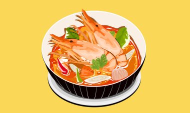 Tom yum kung, Tayland sıcak, baharatlı ve ekşi çorba bir kasede karides, izole yakın vektör illüstrasyon.