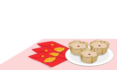Çin Yeni Yıl pastasından bir set Nian Gao ve beyaz arka planda kırmızı zarf. Vektör illüstrasyonu. 