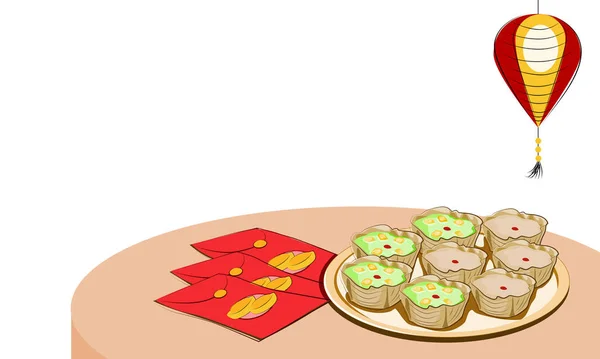 Набор Nian Gao Китайского Новогоднего Торта Красный Конверт Красный Фонарь — стоковый вектор