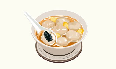 Yapışkan pirinç topları seti veya içinde susam olan tang yuan, beyaz arka planda Çin tatlısı ve kaşık, el çizimi gerçekçi vektör çizimi. 