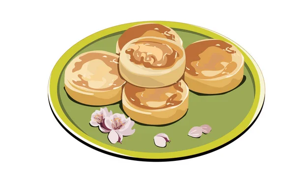 Plato Shaobing Huoshao Sobre Fondo Blanco Con Decoración Flores Melocotón — Archivo Imágenes Vectoriales