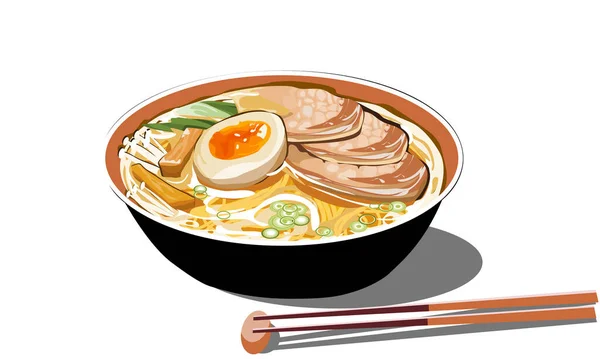 白を基調としたスープの豚麺と卵 手描きベクトルイラストを閉じる — ストックベクタ