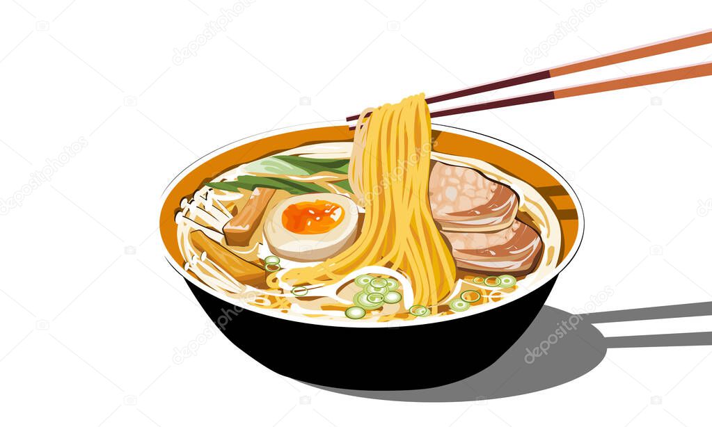 Pork noodles and egg with soup on white background, Use chopstick pick noodles up. Close up hand drawing vector illustration.