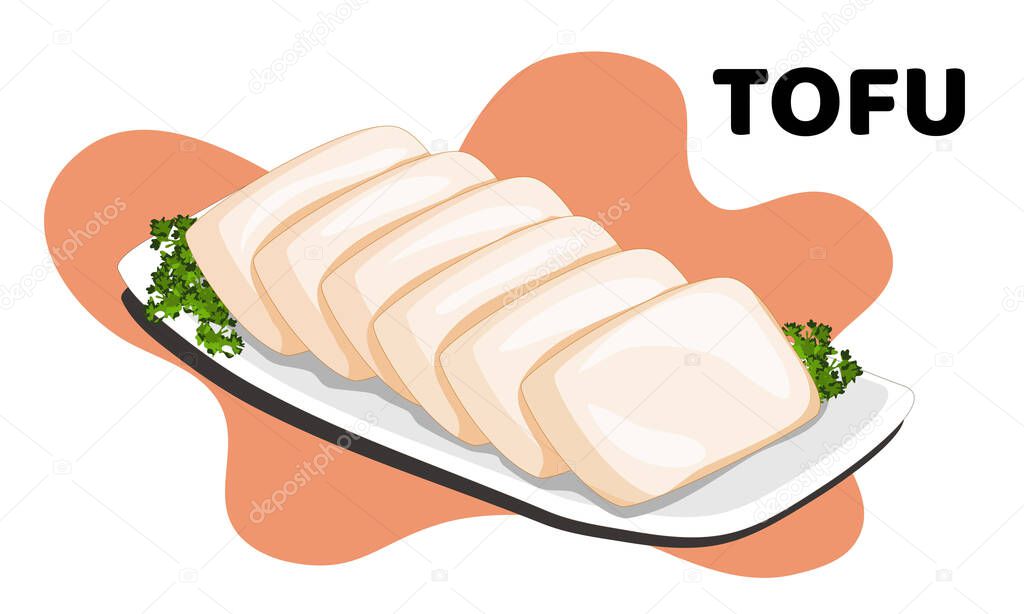a dish of  cutting tofu on white background. Close up hand drawing vector illustration.