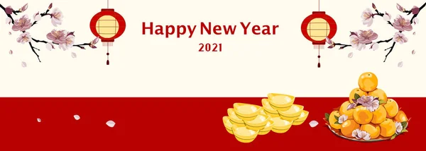 New Year Website Banner Oranges Gold Lantern Flower Decoration Vector — Stock Vector