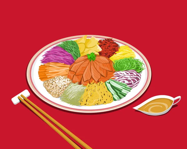 Une Assiette Salade Prospérité Sheng Avec Sauce Sur Fond Rouge — Image vectorielle