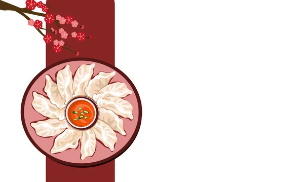 桃の花の装飾と白い背景に蒸し餃子 図面ベクトルのイラストを閉じます — ストックベクタ