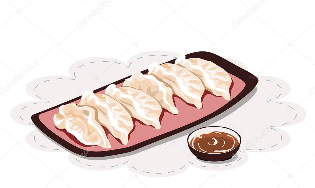 Steamed dumplings and sauce on white background. Isolated close up hand drawing vector illustration. 
