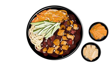 Jajangmyeon veya jjjajangmyeon Çin usulü Çin usulü Çin soslu erişte, chunjang, sebze ve yanında meze ile doğranmış domuz eti. İzole edilmiş Asyalı yemek vektörü çizimi.