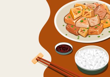 Terbiye edilmiş tofu, soslu kızarmış tofu, akçaağaç şurubu, susam yağı ve sarımsak. Arka planda bir Asya yemeği seti. Üst görünüm yiyecek vektörü illüstrasyonunu kapat.  