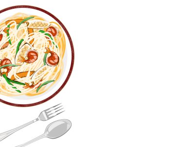 Beyaz arka planda karidesli kızarmış erişte, kalamar ve sebzeler. Tenha tabak, kaşık ve çatal. Üst görünüm deniz ürünleri vektör illüstrasyonunu kapat.  