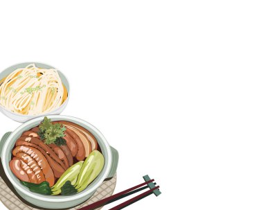 Beyaz arka planda kil tencerede yalıtılmış domuz eti ve bir kase erişte ve çubuk. Yakın çekim el çizimi Asyalı gıda vektörü çizimi. 