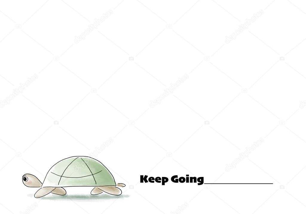 Isolated tortious keep walking forward with the eyes looking at the goal. Cheer up illustration. Close up loos water color painting.