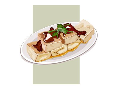 Stinky tofu, The Chinese form of fermented tofu that has a strong odor in a dish. Isolated close up asian food vector illustration on white background.  clipart