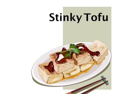 İzole edilmiş Kokulu Tofu, Çin mayalanmış soya peynirinin güçlü bir kokusu olan çeşidi. Beyaz arkaplandaki Asya gıda vektör illüstrasyonunu kapat. 