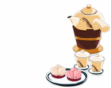 Çay ocağında seramik çaydanlık ve bir çift seramik çay fincanı ve buğulanmış Fa Gao keki. Beyaz arka planda izole edilmiş retro çay seti. Çizim vektörü resimlemesini kapat.