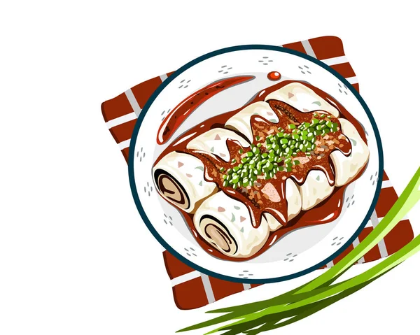 蒸した米麺のプレートが転がるか 上にソースをかけた春巻き 白い背景の孤立したアジア料理のベクトル図 — ストックベクタ
