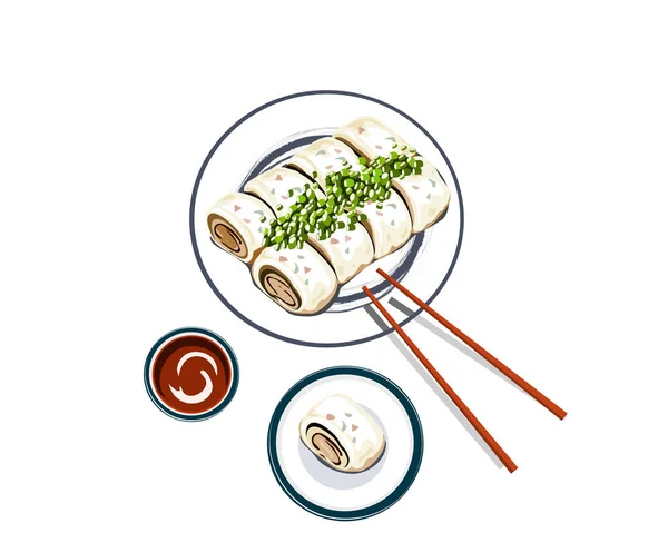 Steamed Rice Noodle Rolls Spring Roll Sauce Chopsticks White Background — Stock Vector