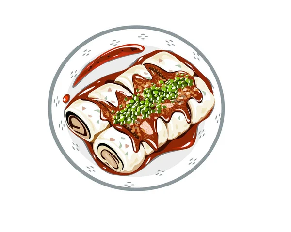 Rollo Primavera Vapor Plato Rollo Primavera Con Salsa Parte Superior — Vector de stock