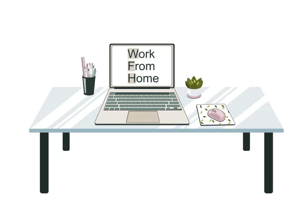 Laptop Και Ποντίκι Υπολογιστή Στο Γυάλινο Τραπέζι Στυλό Μολύβι Και — Διανυσματικό Αρχείο