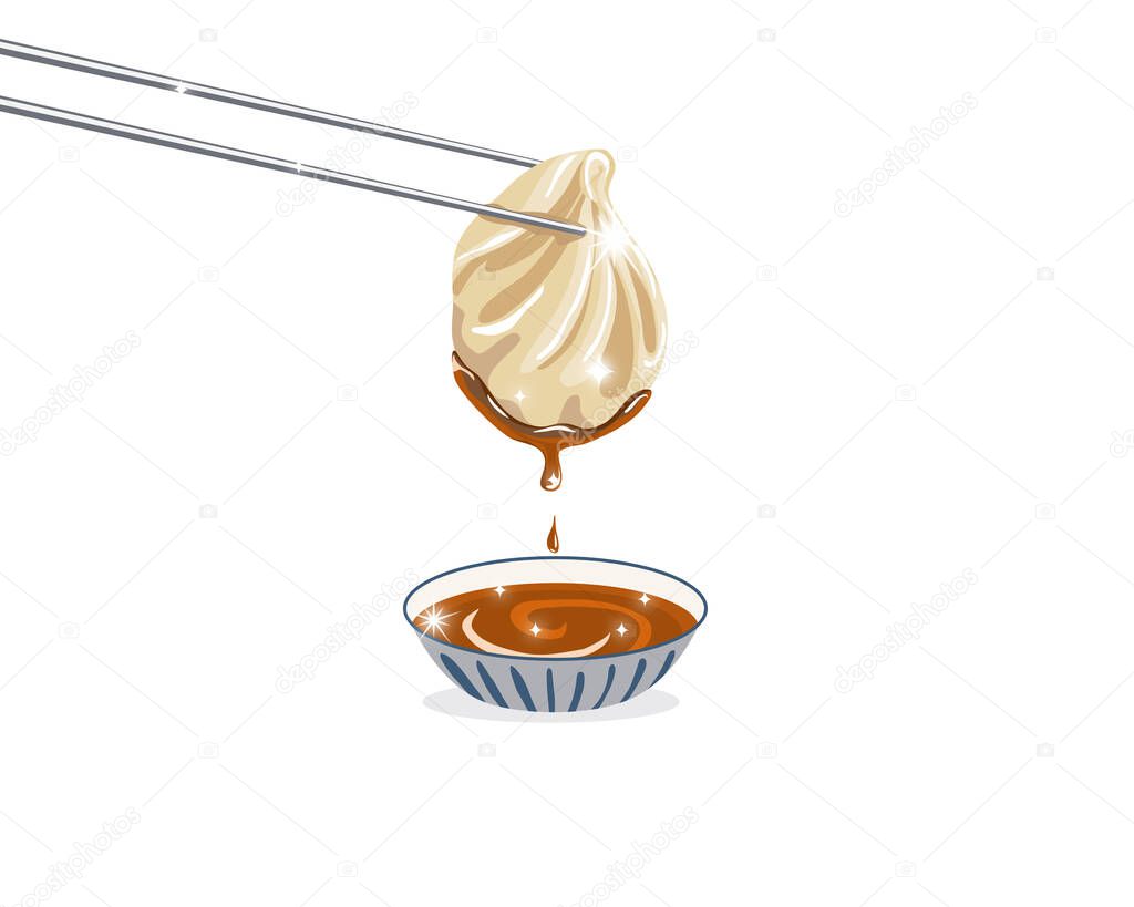 The chopsticks holding a steamed dumpling bun and lift up from dipping sauce. Authentic asian food illustration on white background.