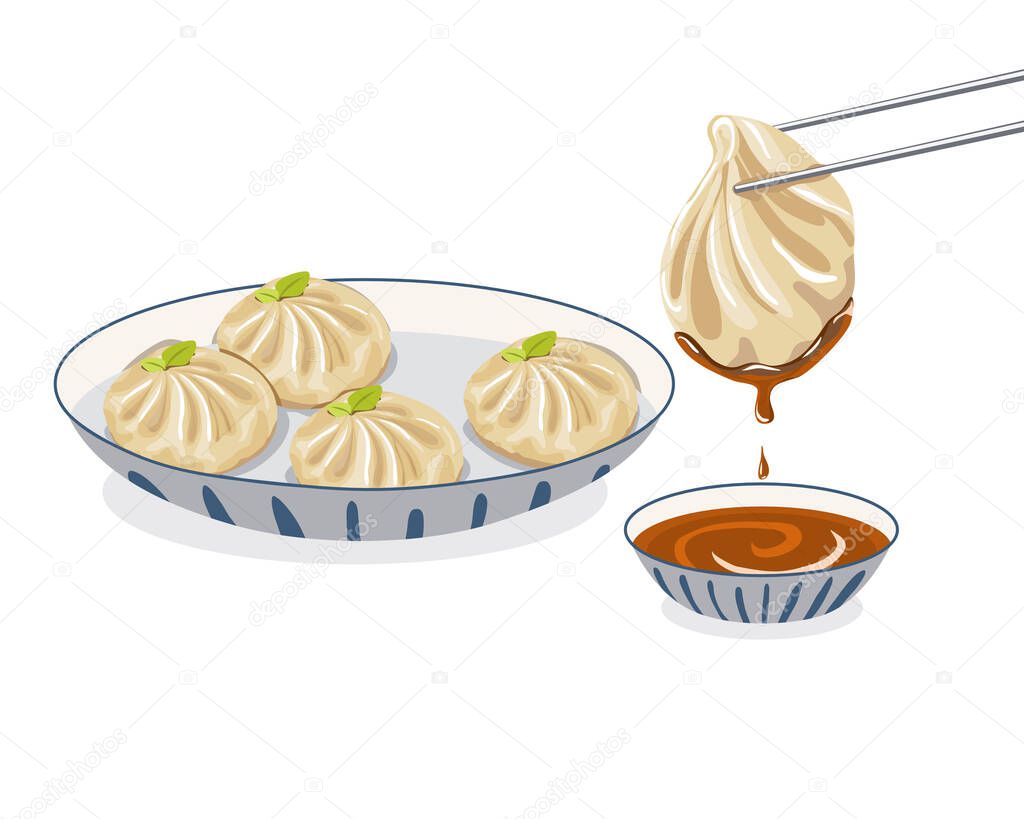 Xiao long bao, steamed dumplings bun with sauce. A plate of dumplings and chopsticks holding a steamed dumplings dipping sauce. Authentic vector asian food illustration on white background. 