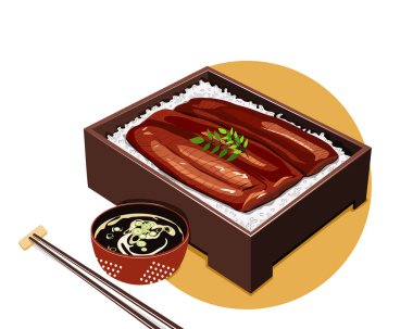 Unagi Kabayaki Japon Ele ızgarası. Bento kutusunda tatlı soslu. Çorba ve çubuklarla. Unagi bento 'yu beyaz arka planda izole ettim. Asya Gıda çizim vektörü illüstrasyonu  