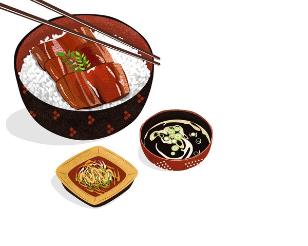 蒲焼のセットうなぎ甘いソースとサイドディッシュとスープで焼きます 白い背景に食品図面ベクトルイラストを閉じます 日本の伝統料理 — ストックベクタ