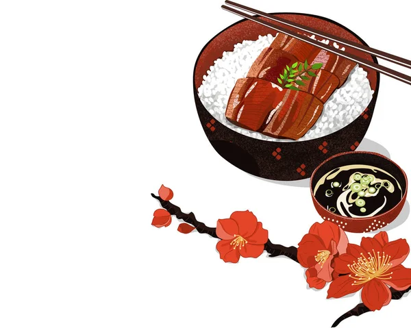 Μεμονωμένο Μπολ Γιαπωνέζικο Χέλι Unagi Kabayaki Ψημένο Γλυκιά Σάλτσα Και — Διανυσματικό Αρχείο