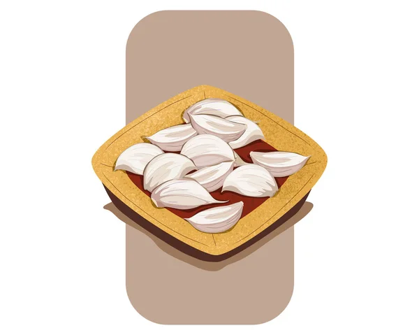 Garlics Piatto Giallo Sfondo Marrone Bianco Primo Piano Disegno Vettoriale — Vettoriale Stock