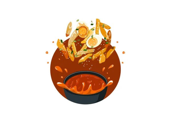 Receta Tteok Bokki Comida Callejera Surcoreana Garae Tteok Frito Pasteles — Vector de stock