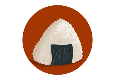 Onigiri, omusubi, nigirimeshi, veya Japon pirinç topu. Onigiri 'yi kırmızı arka planda izole ettim. Asya yemekleri vektör çizimi. Gerçekçi vektör çizimini kapat. Beyaz arkaplanda Onigiri logosu. 
