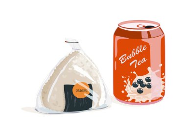 Japon pirinç topu ya da Onigiri, Omusubi, plastik pakette nigirmeshi ve anime yemek tarzında balonlu çay. Onigiri 'yi beyaz arka planda izole ettim. Asya yemekleri vektör illüstrasyonunu yakın plan.