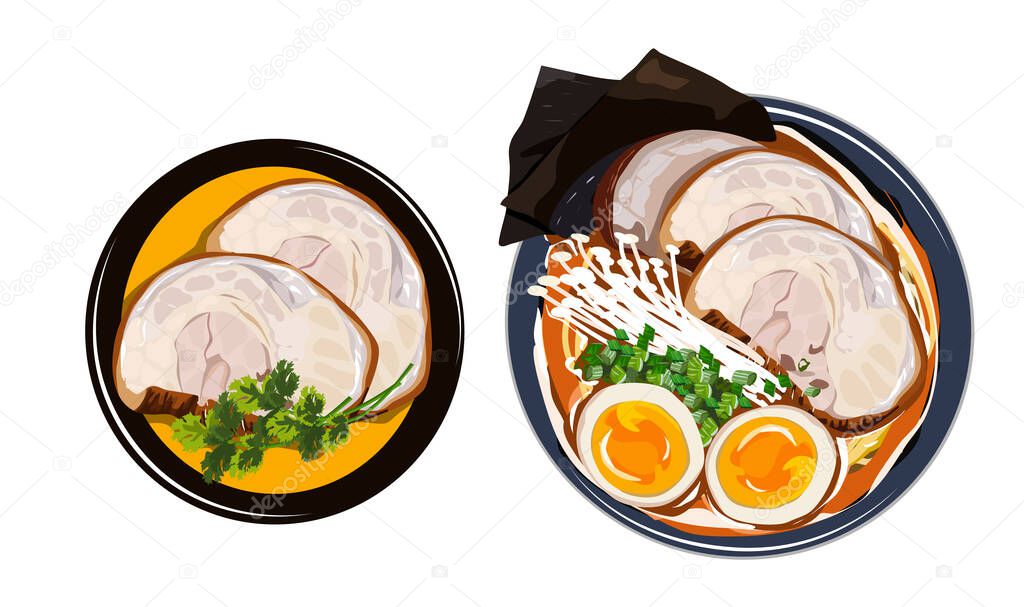 Top view pork ramen noodles with boiled egg and seaweed. Isolated bowl of pork ramen with soup and a plate of additional pork on white background. Close up drawing vector illustration. Anime Japanese 