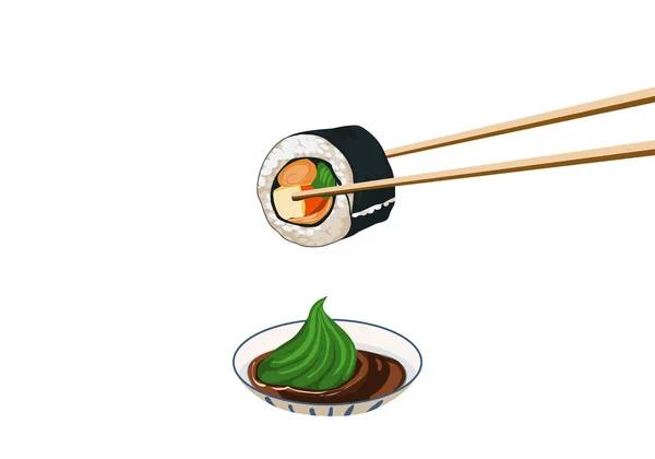 白を基調とした隔離寿司 寿司をつけたわさびと醤油をかけた箸 フード図面ベクトルイラストを閉じます 日本のアニメ料理 — ストックベクタ