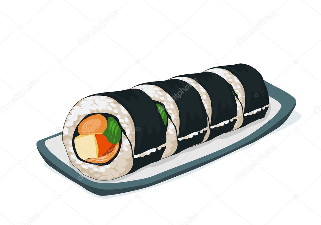 Isolated plate of Sushi raw on white background. vinegared rice, salt and sugar roll with  seaweed. Close up food drawing vector illustration. Japanese anime food.