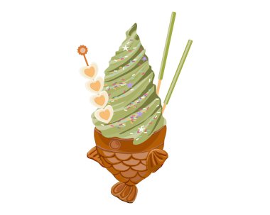 Beyaz üzerine izole edilmiş Taiyaki dondurması. Kibrit yeşil çay aromalı gofret ve muhallebi çubuğu. Kore dondurması. Anime yemek çizimi. Orijinal pastel dondurma ve atıştırmalık..