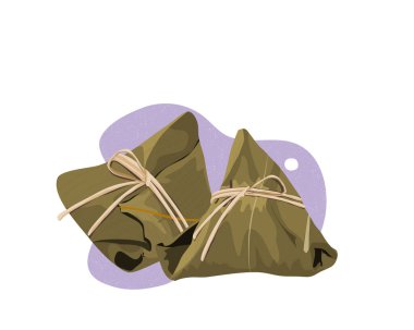 Beyaz arka planda Zongzi 'yi izole ettim. Birkaç tane de yapışkan pirinç köftesi. El çizimi vektör illüstrasyonunu kapat. Çin geleneksel yiyecek ejderha tekne festivali.