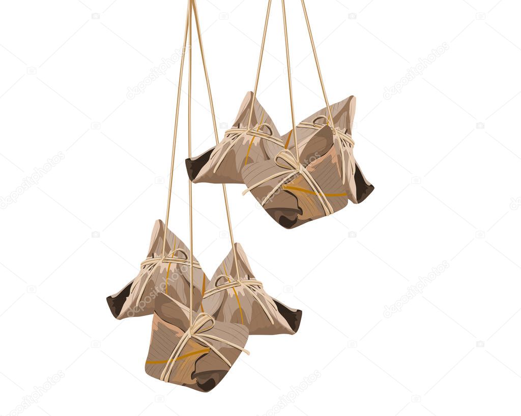 Isolated Zongzi on white background, a sticky rice dumpling hanging from top. Close up hand drawing vector illustration. Chinese traditional food Dragon boat festival.