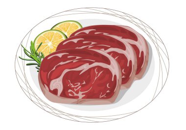 Tabakta pişmemiş domuz eti. Beyaz tabakta hazırlanmış domuz eti ve limon ve biberiye ile süslenmiş beyaz arka planda pişmemiş malzeme. Anime gıda taşıyıcı illüstrasyon.
