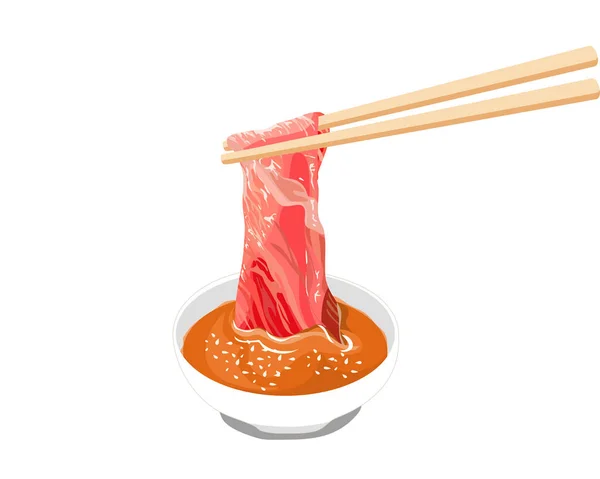 Beef Dipping Chilly Sauce Chopsticks Holding Sliced Beef Dipping Sauce — Stock Vector