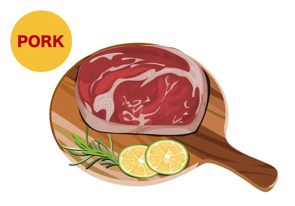 Isoliertes Schweinefleisch Auf Einem Holzteller Zubereitet Und Mit Zitrone Und — Stockvektor