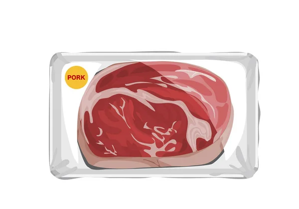 Rohes Schweinefleisch Einer Plastikverpackung Isoliertes Fleischstück Auf Weißem Teller Zubereitet — Stockvektor