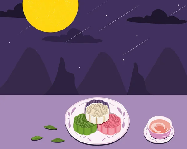 Mid Autumn Festival Background Plate Mooncake Tea Moonlight Full Moon — Stockový vektor