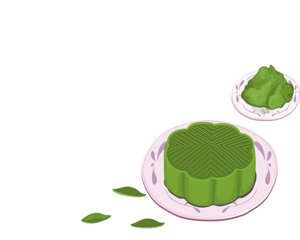 Mooncake Matcha Green Tea Flavour Plate Green Tea Leaves Decoration — Stock Vector