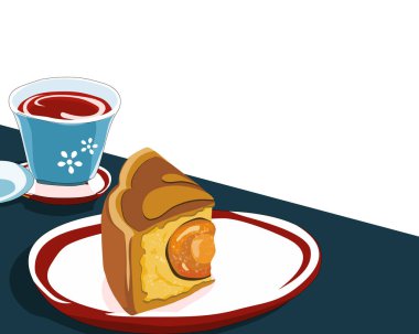 Isolated set of mooncake and tea on the table with white background. Mooncake cutting part on plate. Close up Asian food and sweet vector illustration for mid autumn festival.
