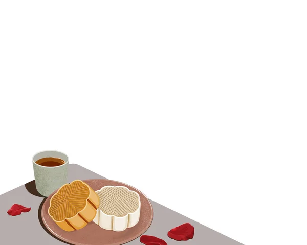 Mooncake Plate Hot Tea Table Decoration Rose Petal Mid Autumn — Stock Vector